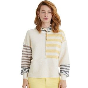 Desigual Cremona Hooded Sweatshirt M Blue Yellow Textured Stripe Loose F…